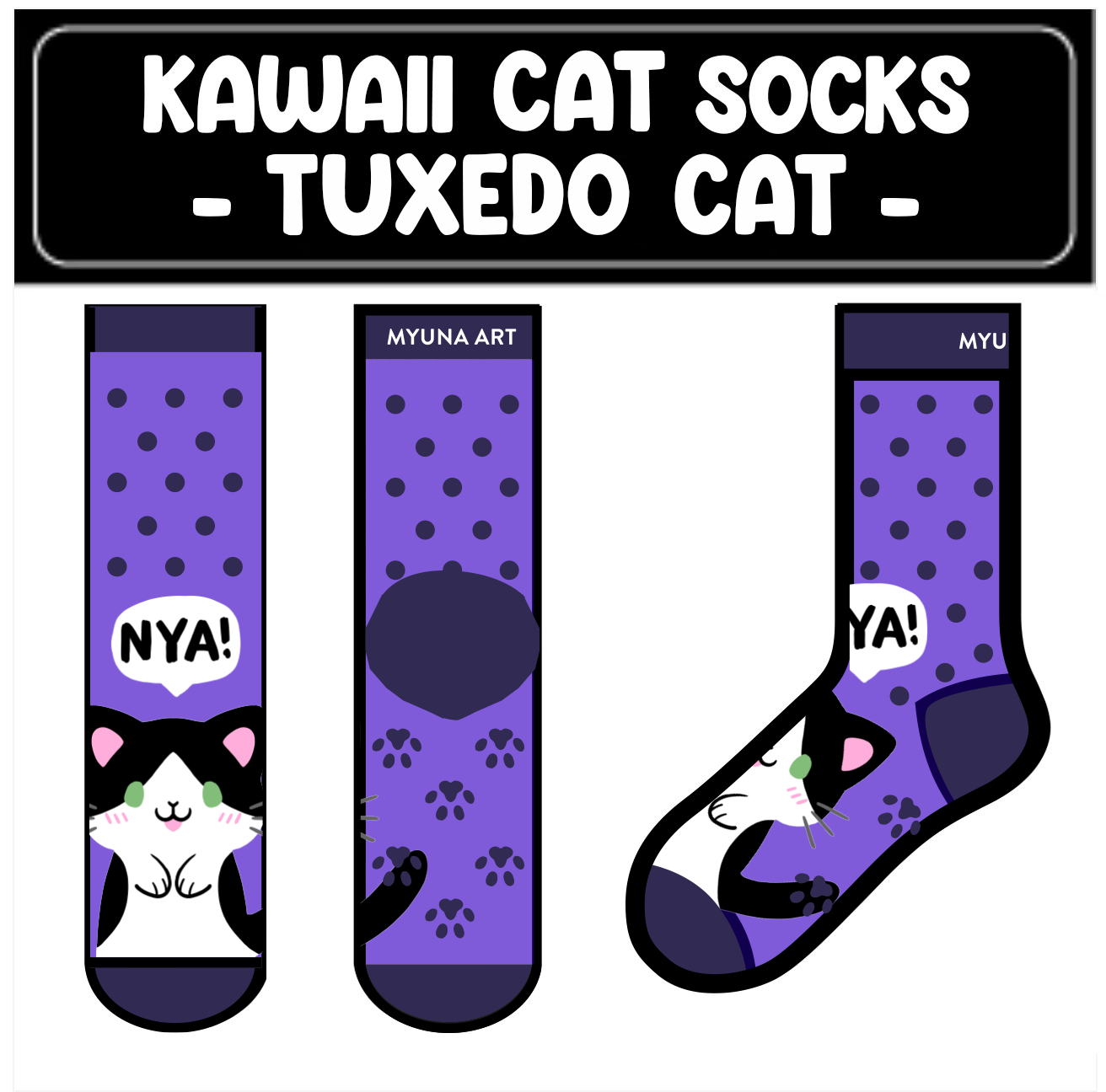 Kawaii Kitty Socks - Tuxedo Cat -