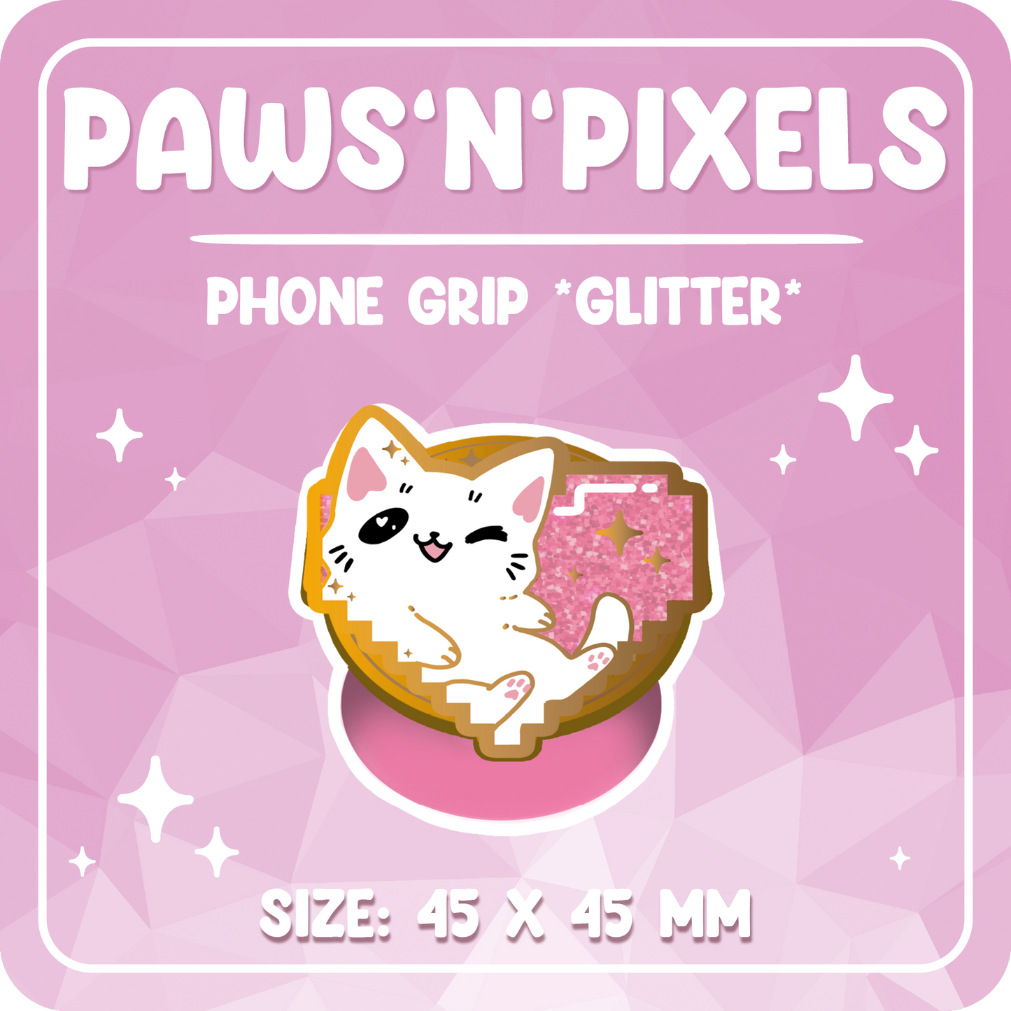 Paws'n'Pixels Phone Grip Cute Noob GLITTER with golden enamel topper