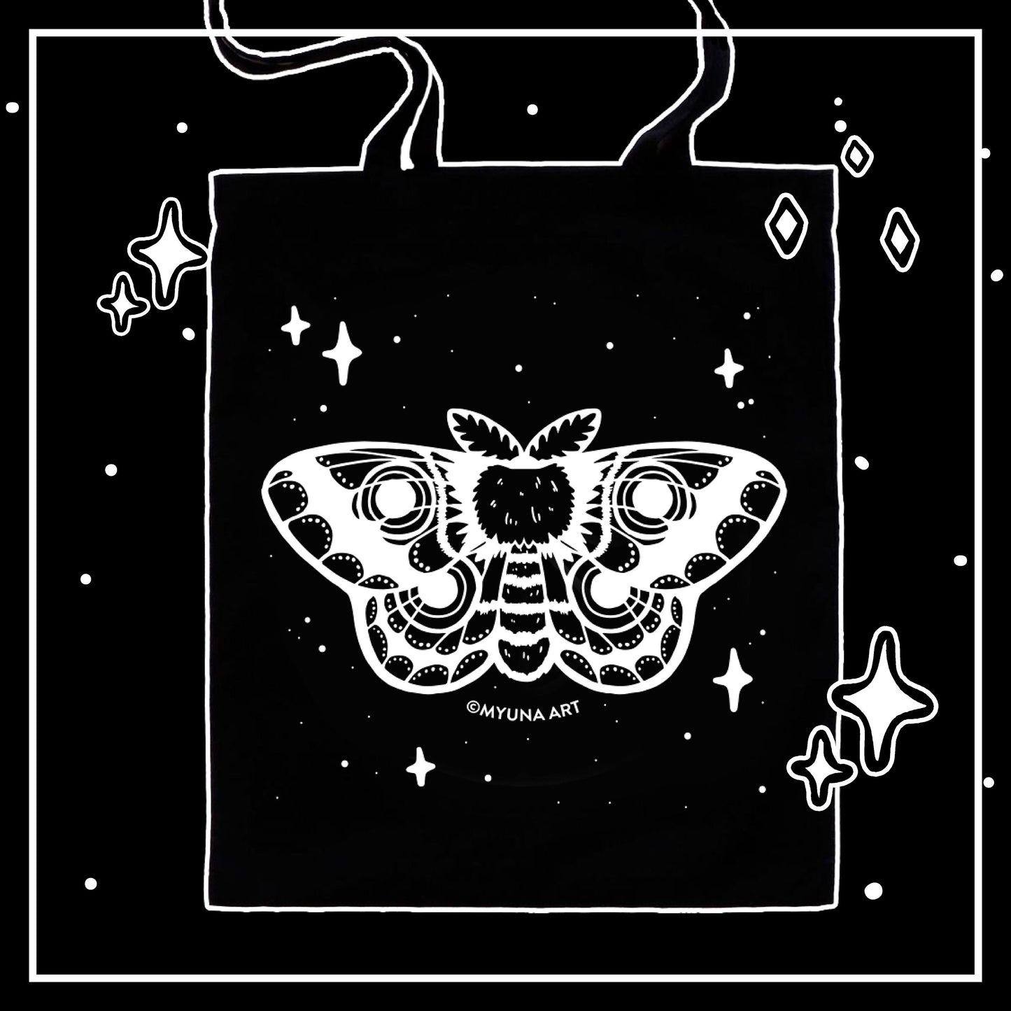 Myuna’s Moth Tote Bag – Black Tote Bag, Animal Tote Bag, Tote Bag with long Handles, Cute Tote Bag with Screenprinting Application