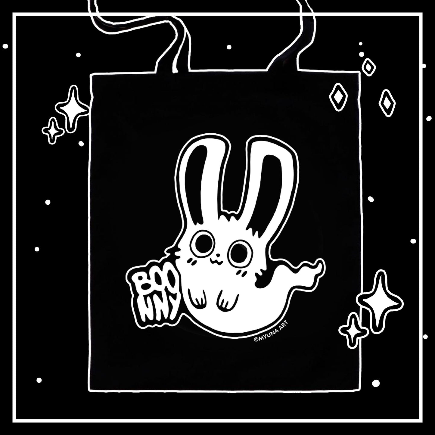 Myuna’s Boonny Tote Bag – Black Tote Bag, Bunny Animal Tote Bag, Tote Bag with long Handles, Cute Tote Bag with Screenprinting Application