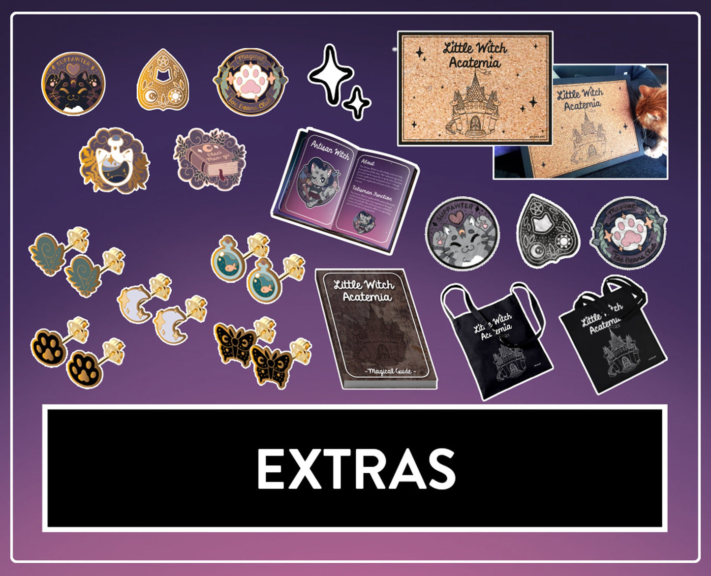 Myuna's Little Witch Acatemia Extras, Pinboard, Patches, Tote Bags, Earrings, Bonus Pins, Magical Guide