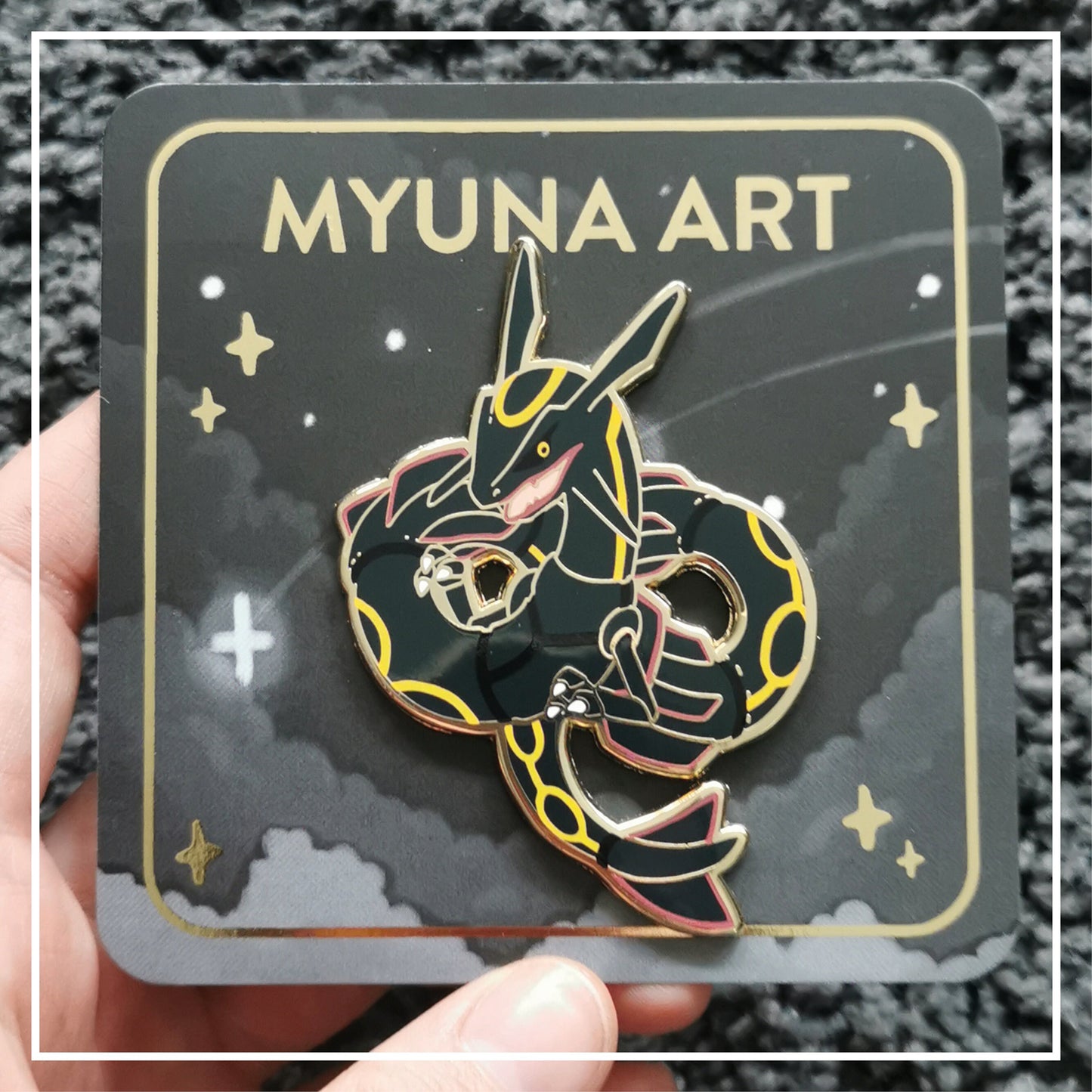 Myuna's XXL Shiny Rayquaza Pin – Big Fanart Sky Dragon Legendary Hard Enamel Pin with 4 pinback posts