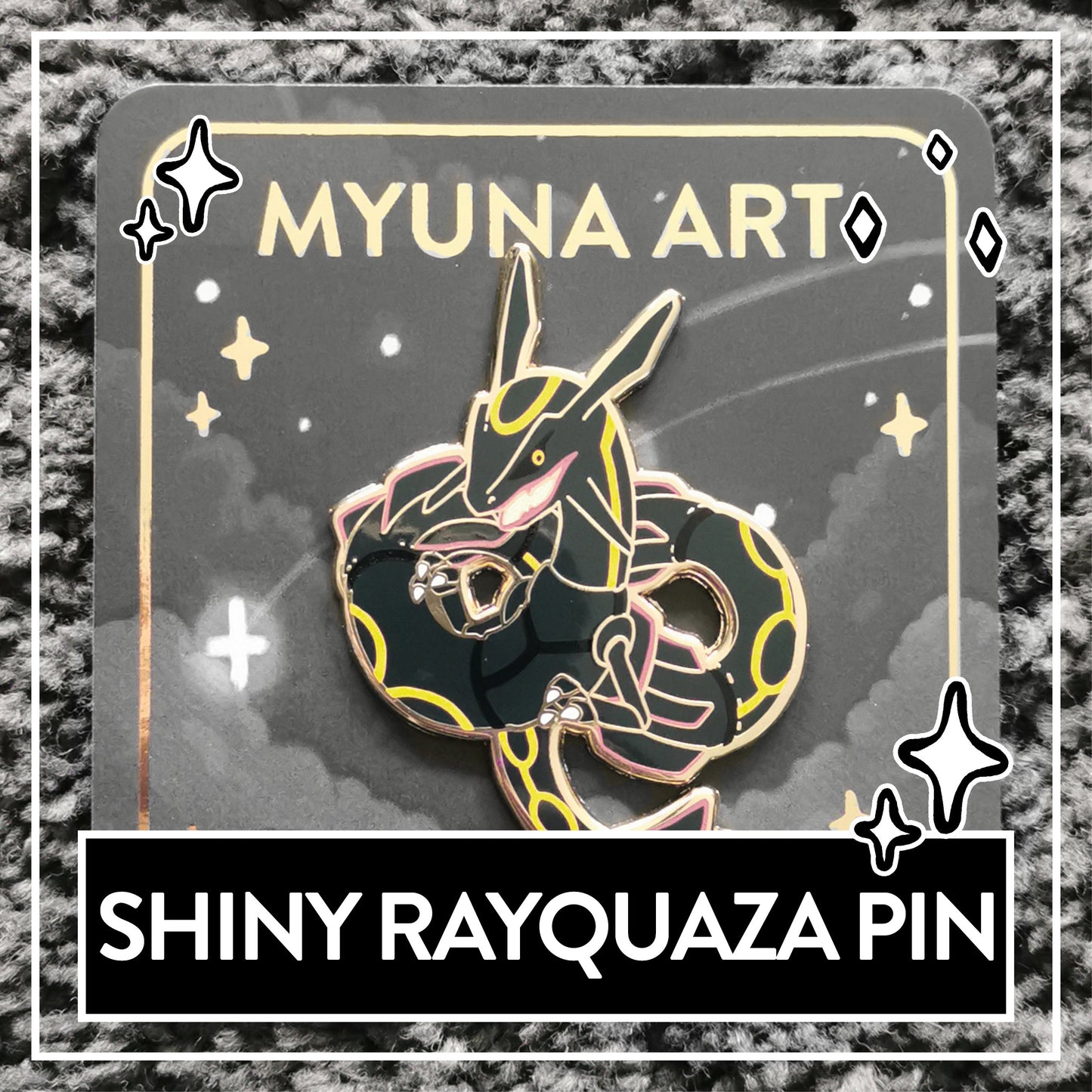 Myuna's XXL Shiny Rayquaza Pin – Big Fanart Sky Dragon Legendary Hard Enamel Pin with 4 pinback posts