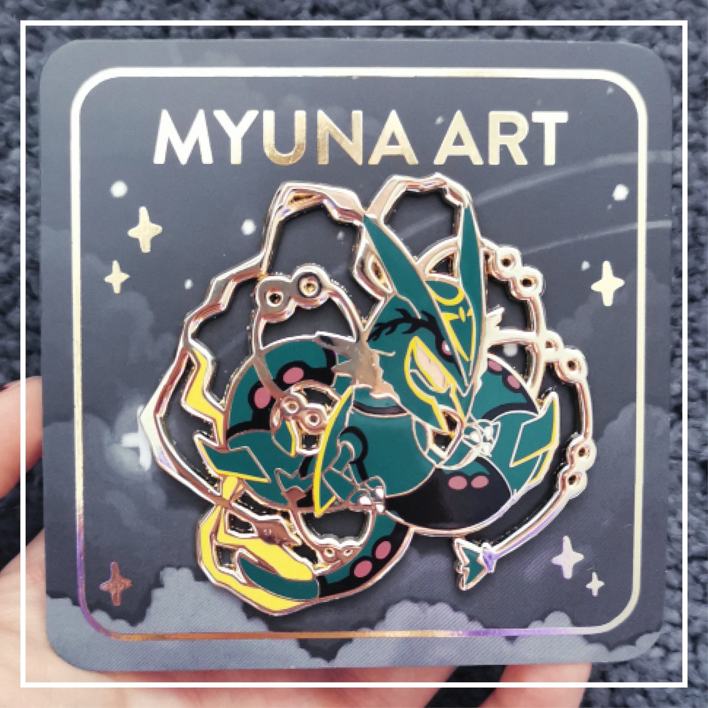 Myuna's XXL Mega Rayquaza Pin – Big Fanart Sky Dragon Legendary Hard Enamel Pin with 4 pinback posts