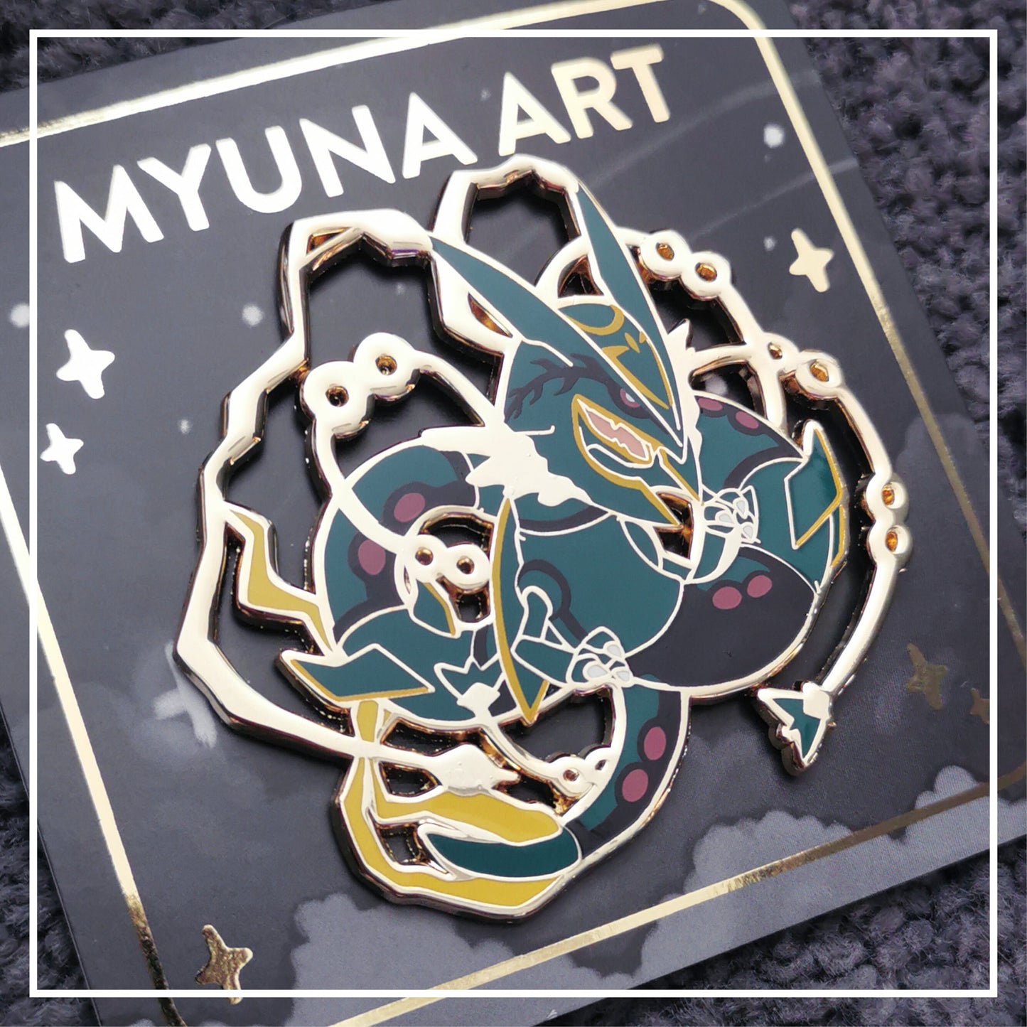 Myuna's XXL Mega Rayquaza Pin – Big Fanart Sky Dragon Legendary Hard Enamel Pin with 4 pinback posts