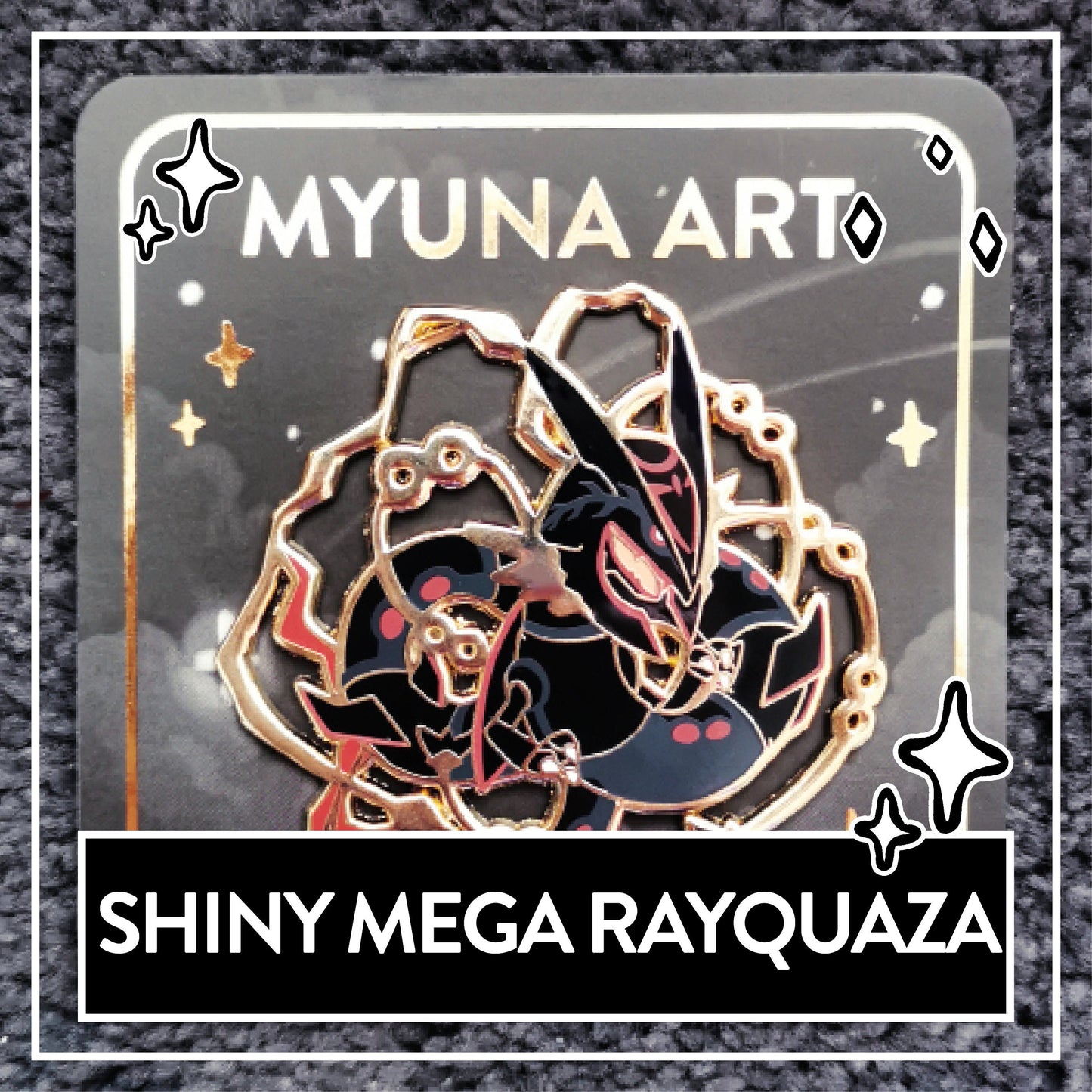 Myuna's XXL Shiny Mega Rayquaza Pin – Big Fanart Sky Dragon Legendary Hard Enamel Pin with 4 pinback posts