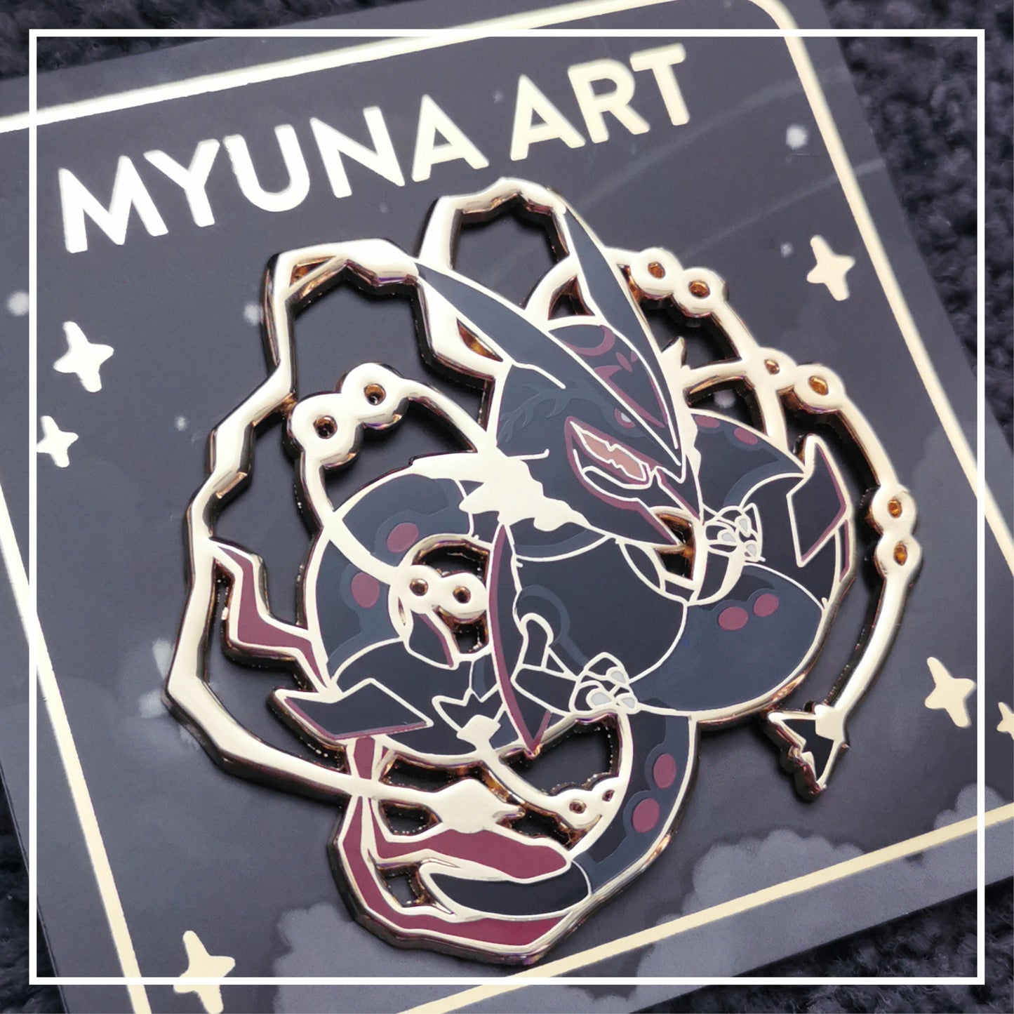 Myuna's XXL Shiny Mega Rayquaza Pin – Big Fanart Sky Dragon Legendary Hard Enamel Pin with 4 pinback posts