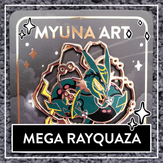 Myuna's XXL Mega Rayquaza Pin – Big Fanart Sky Dragon Legendary Hard Enamel Pin with 4 pinback posts
