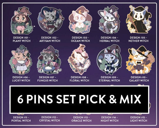 Myuna's Little Witch Acatemia Cat Witch Pins - Pick & Mix cute Cat Witch talismans pin bundles, Kawaii Witchy Occult Hard Enamel Pins