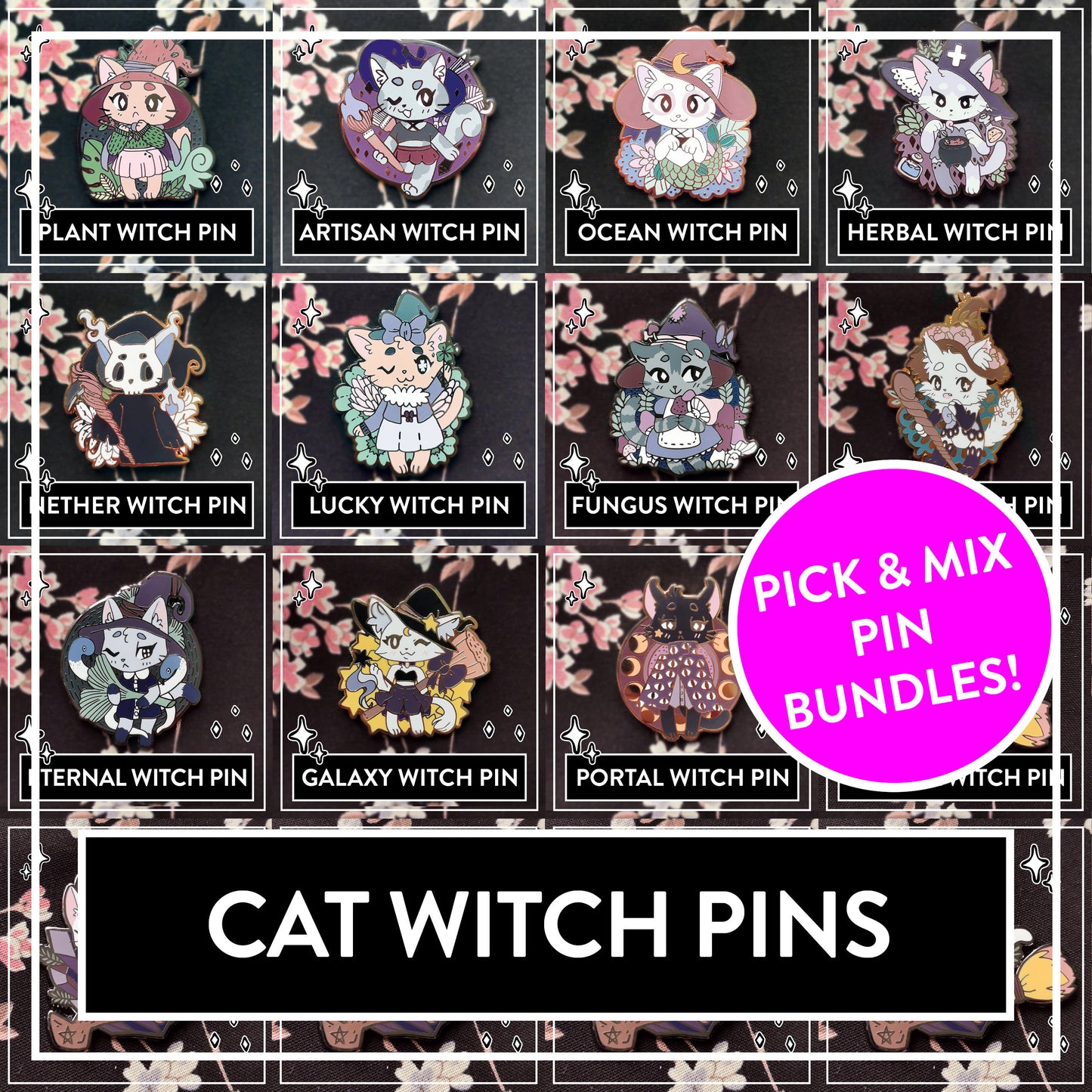 Myuna's Little Witch Acatemia Cat Witch Pins - Pick & Mix cute Cat Witch talismans pin bundles, Kawaii Witchy Occult Hard Enamel Pins