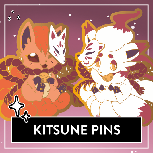 Kitsune Hard Enamel Pin - Fire Kistune & Hisui Kitsune, Kitsune Mask Pins, Japan inspired fox pin