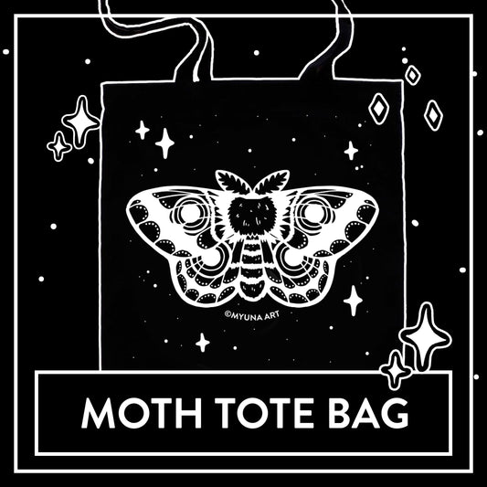 Myuna’s Moth Tote Bag – Black Tote Bag, Animal Tote Bag, Tote Bag with long Handles, Cute Tote Bag with Screenprinting Application