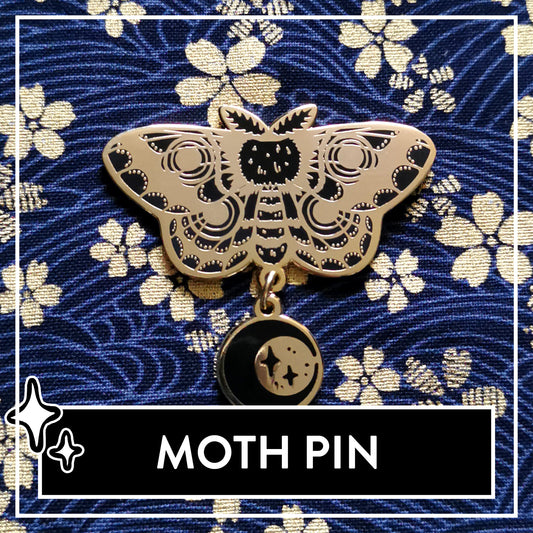 Myuna's Black Moth Hard Enamel Pin – Cute Witch Brooch, Black Butterfly Enamel Pin, Moon & Stars Enamel Pin, Pin Game, Goth Moth Pendant