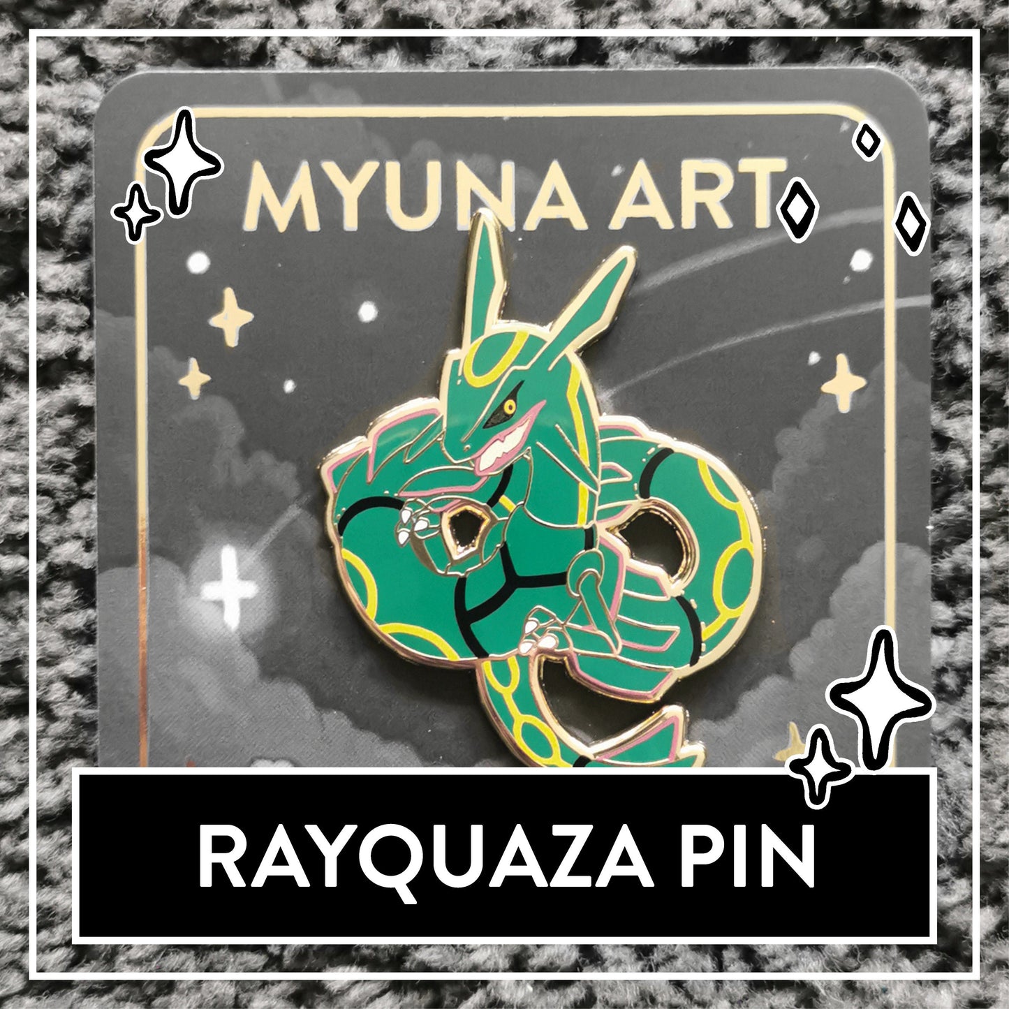 Myuna's XXL Rayquaza Pin – Big Fanart Sky Dragon Legendary Hard Enamel Pin with 4 pinback posts