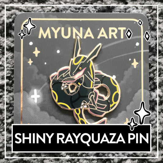 Myuna's XXL Shiny Rayquaza Pin – Big Fanart Sky Dragon Legendary Hard Enamel Pin with 4 pinback posts