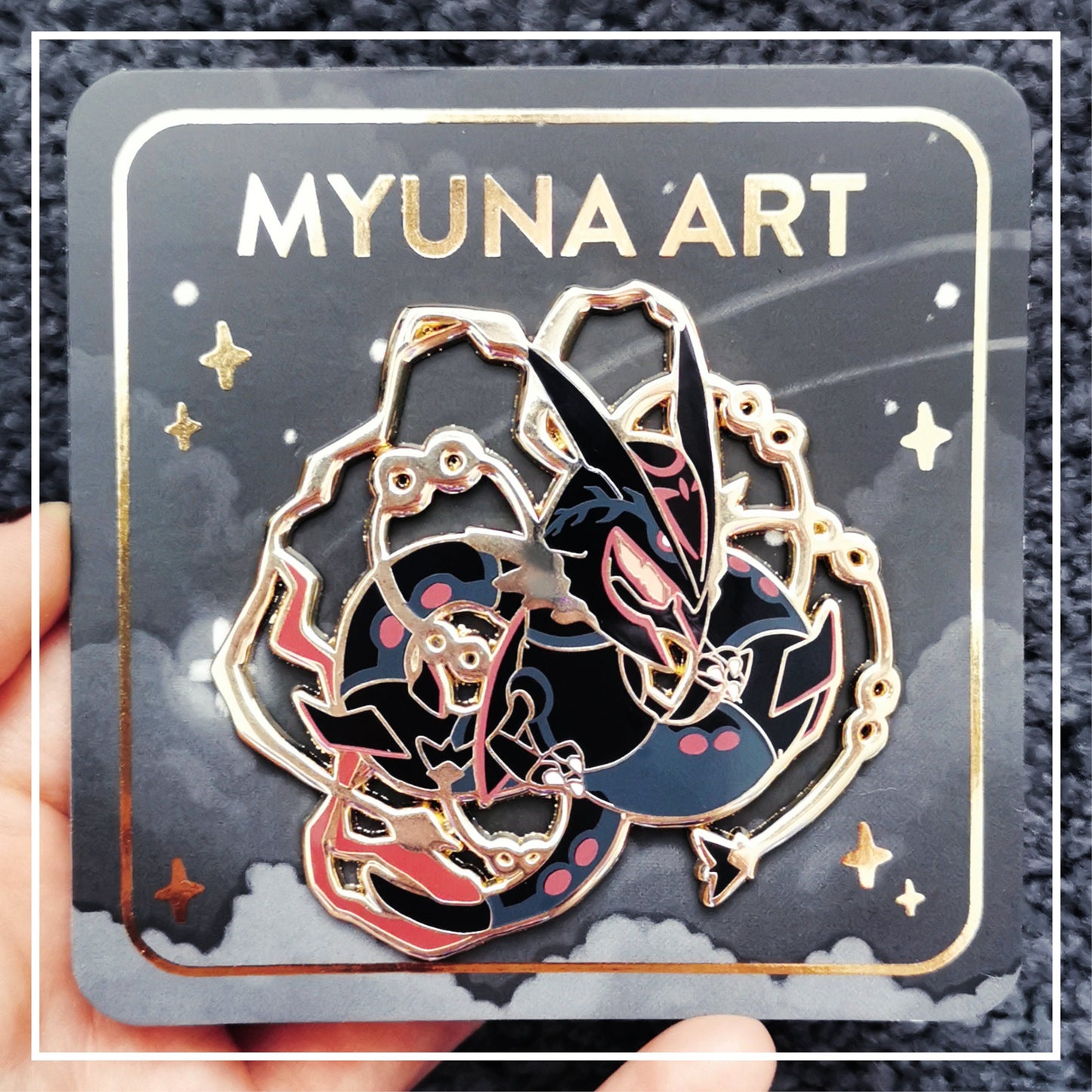 Myuna's XXL Shiny Mega Rayquaza Pin – Big Fanart Sky Dragon Legendary Hard Enamel Pin with 4 pinback posts