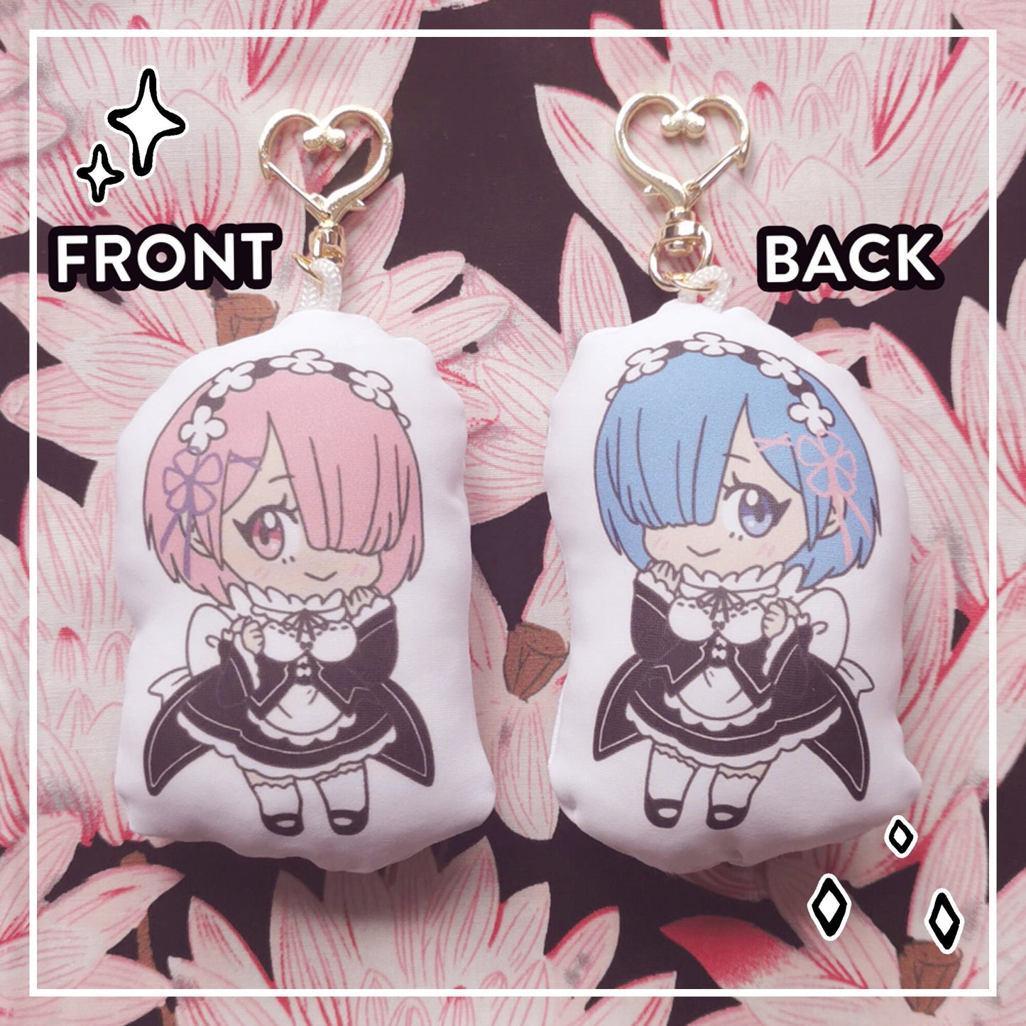 Cute Rem & Ram Pillow Charm - double-sided mini Anime pillow Dakimakura Bodypillow keychains with kawaii heart snap clip // Rezero