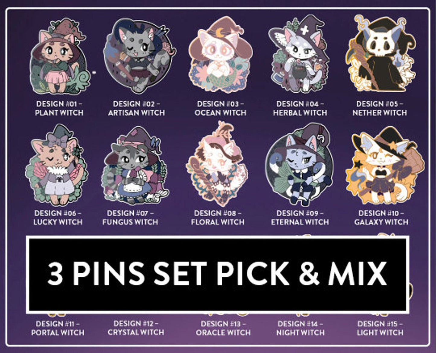 Myuna's Little Witch Acatemia Cat Witch Pins - Pick & Mix cute Cat Witch talismans pin bundles, Kawaii Witchy Occult Hard Enamel Pins