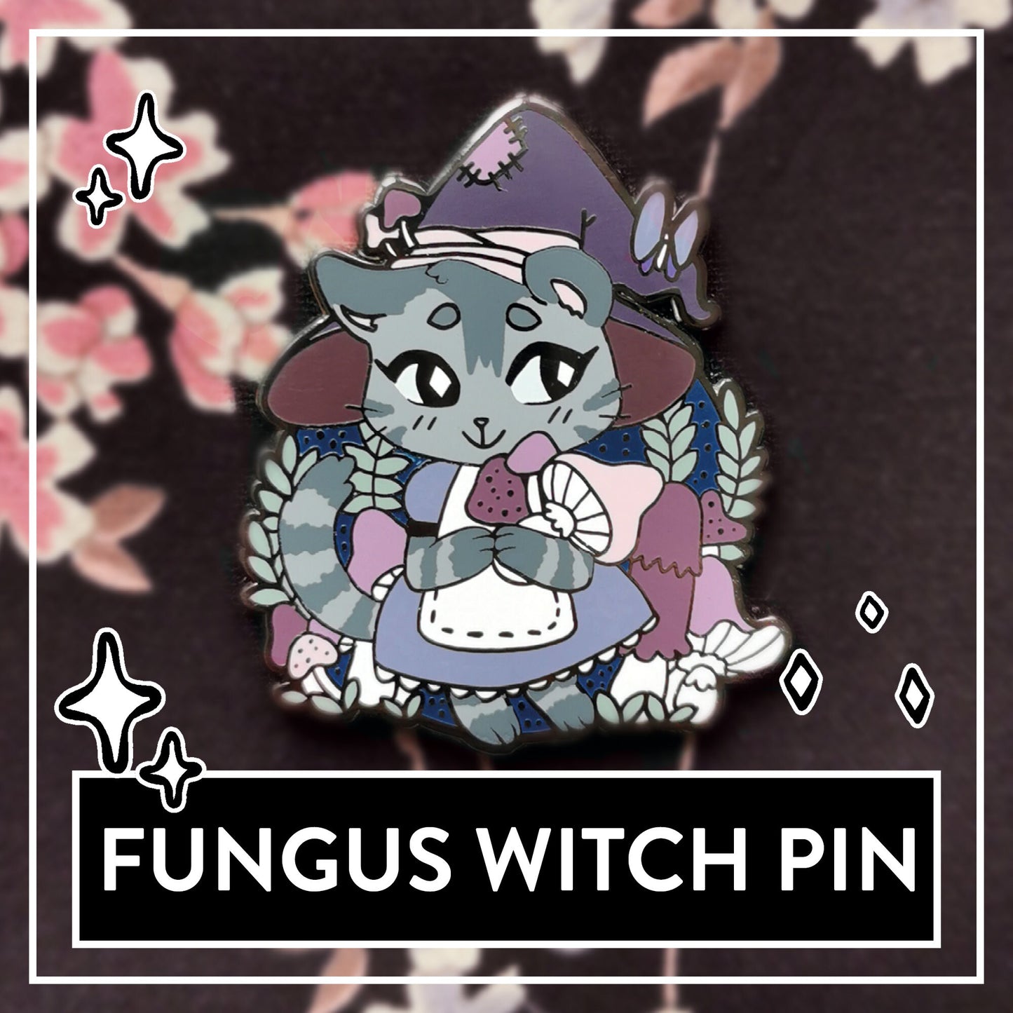 Myuna's Fungus Witch Pin - Little Witch Acatemia Cat Witch Pins - Cute Mushroom Cat Witch talismans, Kawaii Witchy Occult Hard Enamel Pins