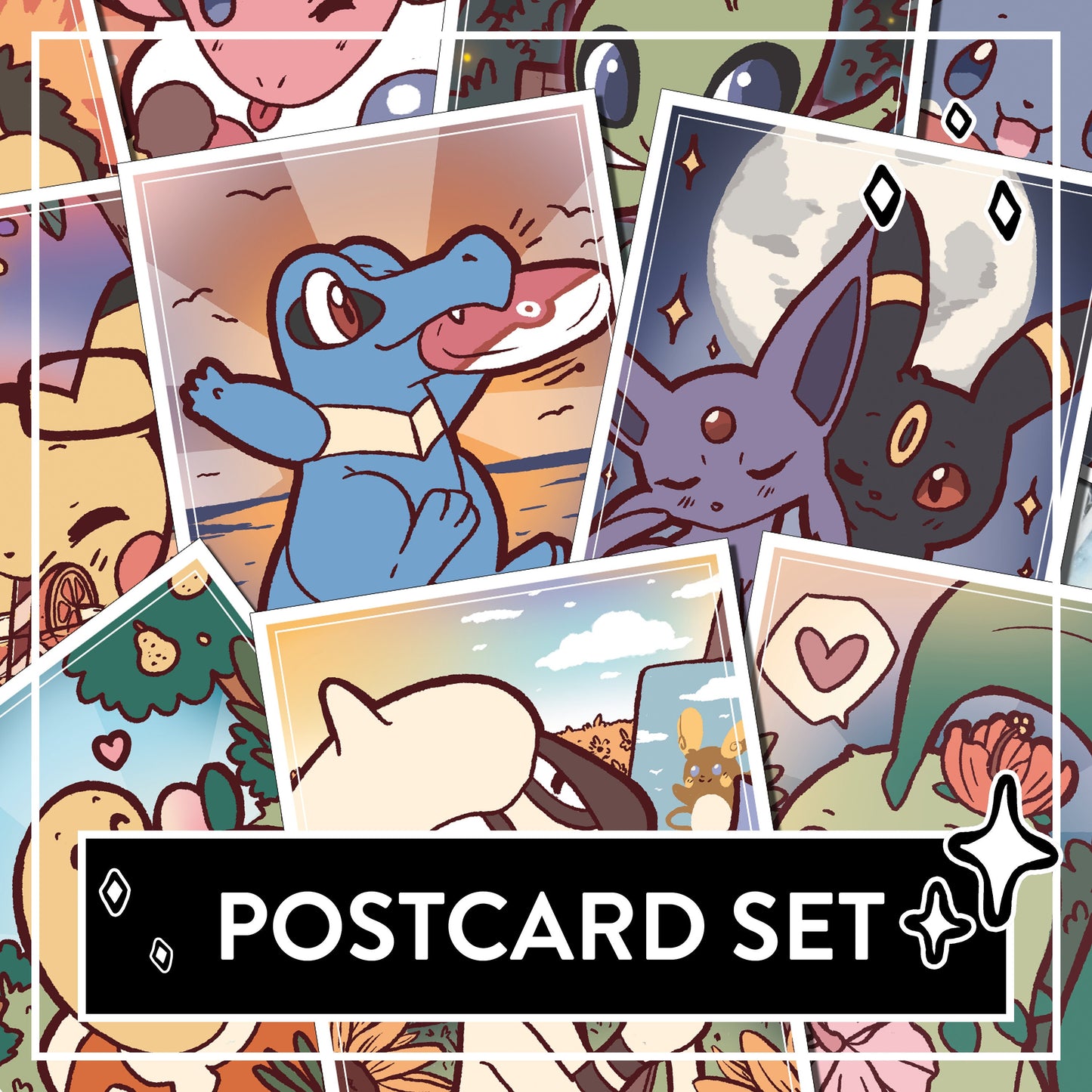 LIMITED EDITION - Pokemon Johto Holiday Postcard Set - Excusive cute Fanart Postcard Set - Pichu, Celebi, Umbreon, Totodile, Shukle